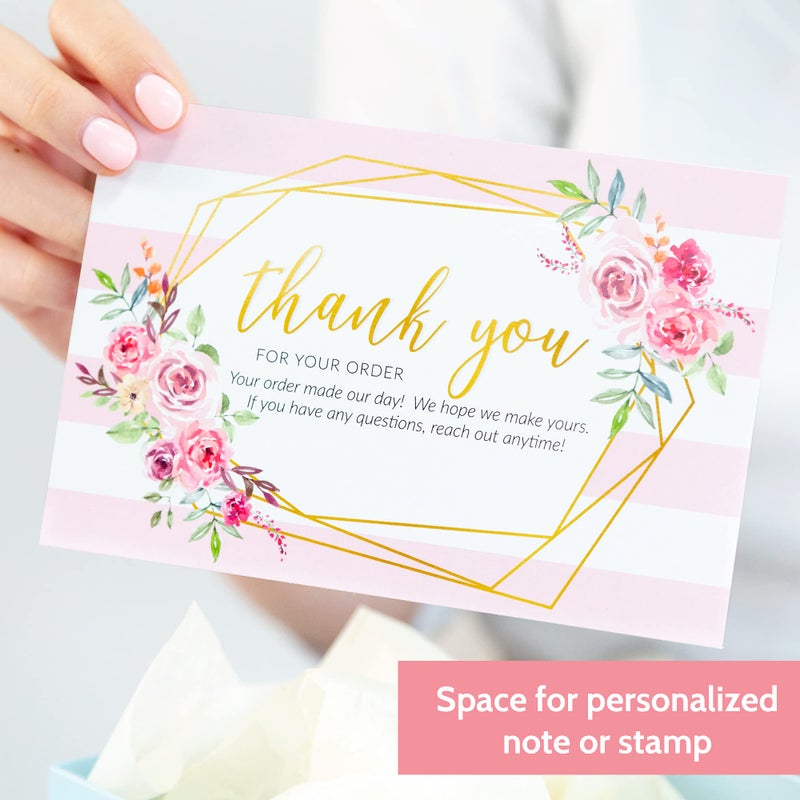 T MARIE 50 Large 4x6 Pink Thank You Postcards Small Business Supplies for Boutique Shops - Faux Gold and Pink Floral Thank You For Your Order and Thanks For Supporting My Small Business Cards - Image 4